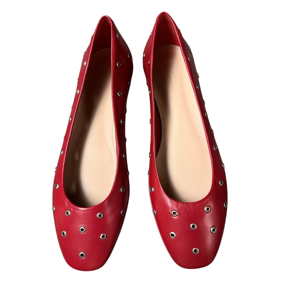 Zeleves Red Leather Grommet Ballet Flats Size 41 Made in Brazil Silver Eyelets